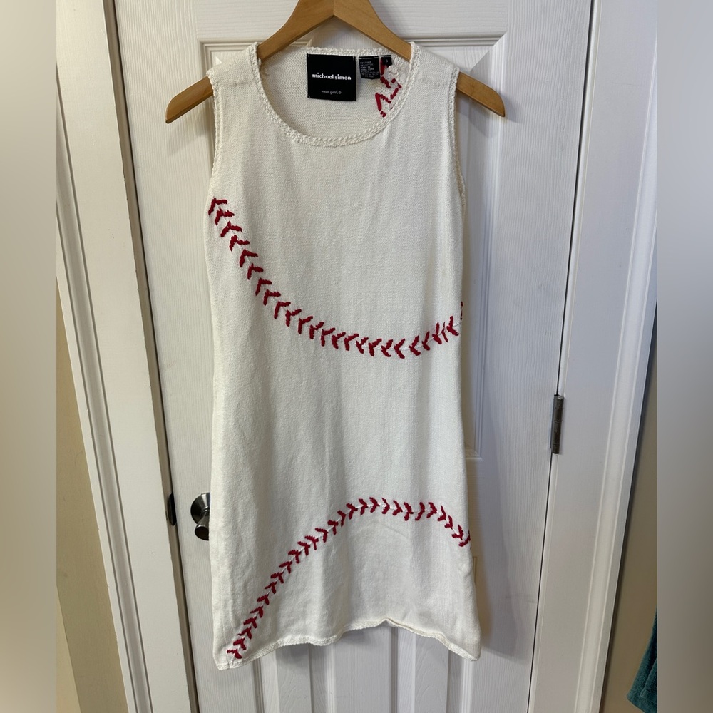 Michael Simon White Sleeveless Dress with Red Stitching